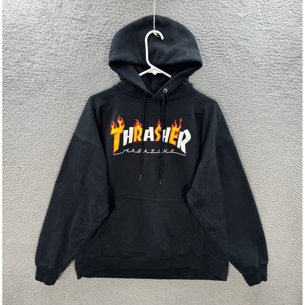 Vintage Thrasher Magazine Sweatshirt Adult Large Black Hoodie Skater Grunge Y2K